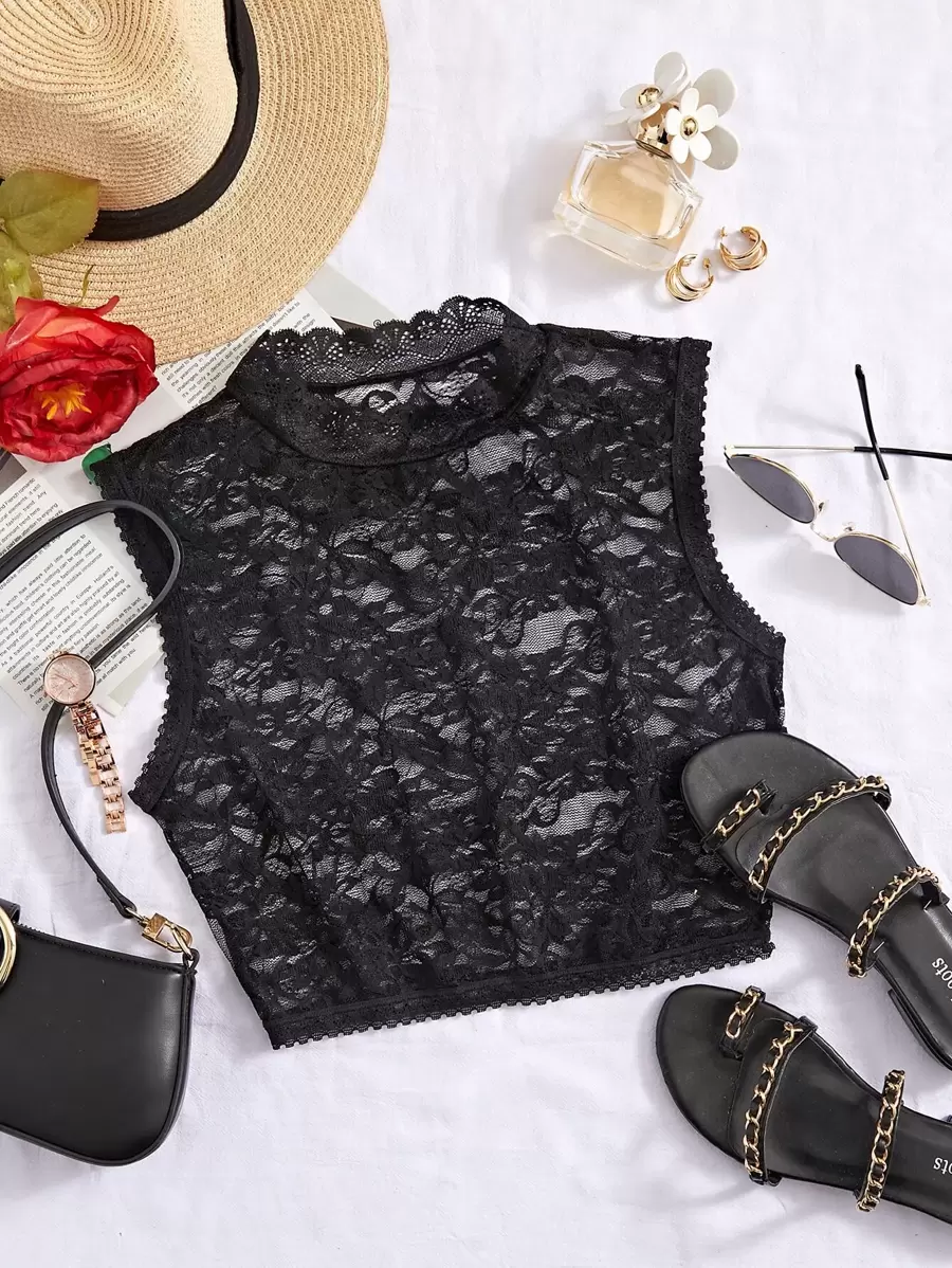 Breezaya Minimalist Black Lace Cropped Fitted Sleeveless Top For Women - Black - View 1