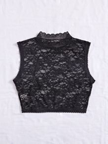 Breezaya Minimalist Black Lace Cropped Fitted Sleeveless Top For Women - Black - View 2