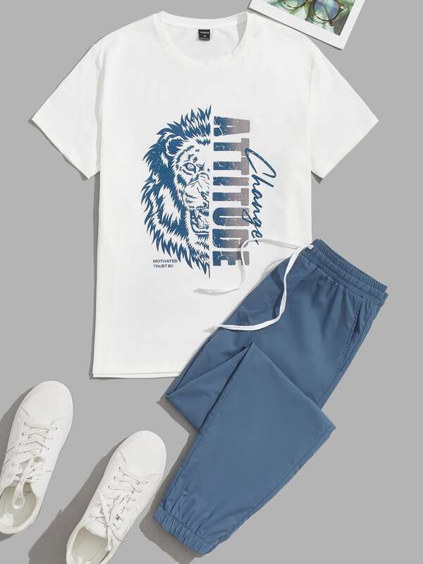 Manfinity BRENVOR Conjunto de camiseta de manga corta con gráfico de letra y león de algodón para hombre + pantalones con cordón en la cintura, conjunto de salida de verano, atuendos cómodos