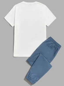 Manfinity BRENVOR Men Cotton Letter & Lion Graphic Short Sleeve Tee & Drawstring Waist Pants Set, Going Out Summer Outfit, Cozy Outfits