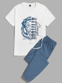 Manfinity BRENVOR Men Cotton Letter & Lion Graphic Short Sleeve Tee & Drawstring Waist Pants Set, Going Out Summer Outfit, Cozy Outfits