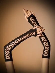 ROMWE Grunge Punk Hollow Out Fingerless Gloves - Black - View 2