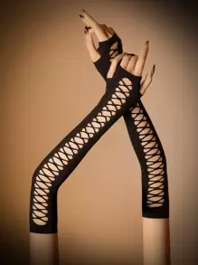 ROMWE Grunge Punk Hollow Out Fingerless Gloves - Black - View 1