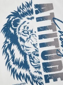 Manfinity BRENVOR Men Cotton Letter & Lion Graphic Short Sleeve Tee & Drawstring Waist Pants Set, Going Out Summer Outfit, Cozy Outfits