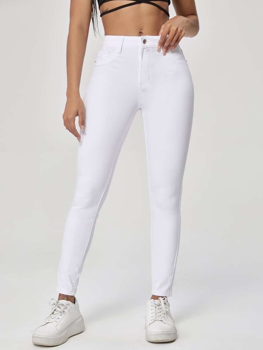 SHEIN Essnce High Waist Slant Pocket Skinny Jeans - White - View 1