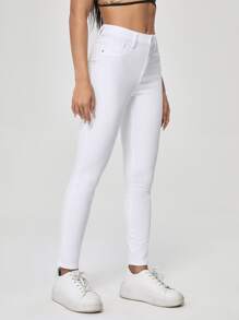 SHEIN Essnce High Waist Slant Pocket Skinny Jeans - White - View 3