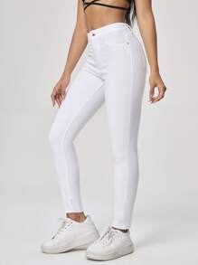 SHEIN Essnce High Waist Slant Pocket Skinny Jeans - White - View 4