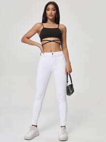 SHEIN Essnce High Waist Slant Pocket Skinny Jeans - White - View 5