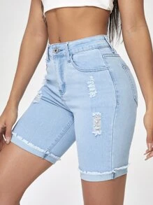 SHEIN Essnce Ripped Denim Cycling Shorts - Light Wash - View 4