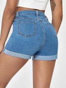 高腰卷邊牛仔短褲 - 淺色水洗藍 - 查看 2