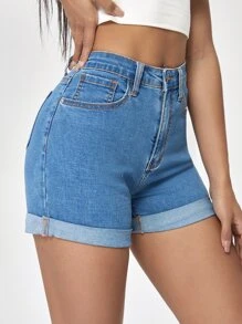 高腰卷邊牛仔短褲 - 淺色水洗藍 - 查看 3