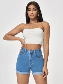 高腰卷邊牛仔短褲 - 淺色水洗藍 - 查看 4