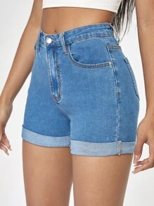 高腰卷邊牛仔短褲 - 淺色水洗藍 - 查看 5