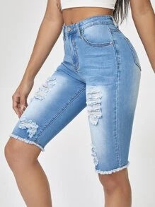 SHEIN Essnce Raw Hem Light Washed Denim Shorts - Light Wash - View 1