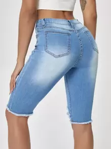 SHEIN Essnce Raw Hem Light Washed Denim Shorts - Light Wash - View 2