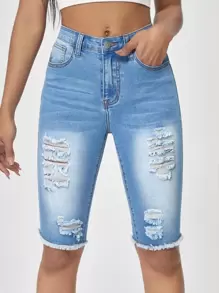 SHEIN Essnce Raw Hem Light Washed Denim Shorts - Light Wash - View 5