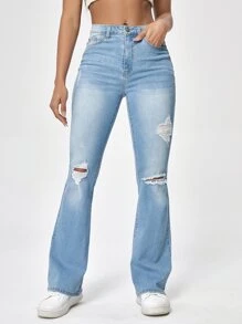 SHEIN EZwear Jeans bootcut de talle alto desgarro - Lavado ligero - Ver 1