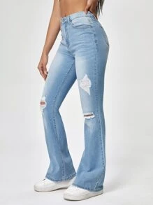 SHEIN EZwear Jeans bootcut de talle alto desgarro - Lavado ligero - Ver 4
