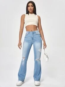 SHEIN EZwear Jeans bootcut de talle alto desgarro - Lavado ligero - Ver 5