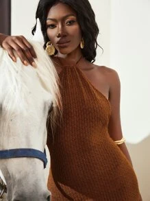 SHEINNeu 露背高衩繞頸連衣裙 - 棕色 - 查看 5