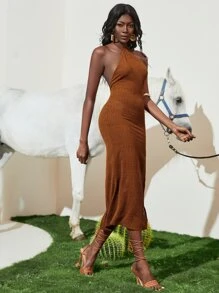 SHEINNeu 露背高衩繞頸連衣裙 - 棕色 - 查看 6