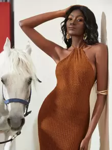 SHEINNeu 露背高衩繞頸連衣裙 - 棕色 - 查看 7