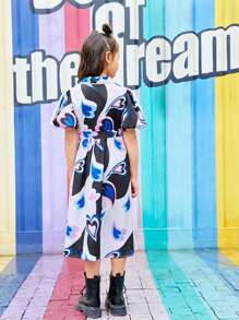 SHEIN 女孩愛心圖案泡泡袖腰帶襯衫洋裝