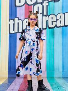 SHEIN 女孩愛心圖案泡泡袖腰帶襯衫洋裝