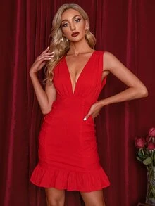 Double Crazy Đầm Viên lá sen Dây kéo Thắt nơ trước màu trơn Hấp dẫn - Đỏ - Xem 6