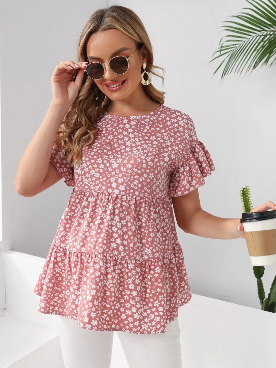 SHEIN Maternity Ditsy Floral Print Ruffle Hem Top - Multicolor - View 1