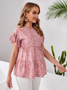 SHEIN Maternity Ditsy Floral Print Ruffle Hem Top - Multicolor - View 3