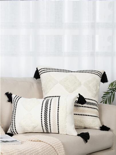 1pc Geometric Embroidered Tassel Detail Cushion Cover Without Filler