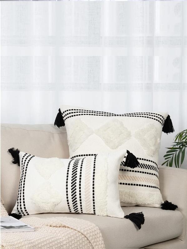 1pc Geometric Embroidered Tassel Detail Cushion Cover Without Filler