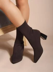 Minimalist Chunky Heeled Sock Boots,Minimalist ladies' fashionable versatile solid color knitted elastic pointed thick outer middle boots, suitable for outdoor. - Coffee Brown - View 2