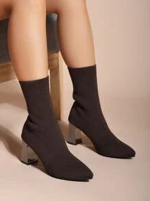 Minimalist Chunky Heeled Sock Boots,Minimalist ladies' fashionable versatile solid color knitted elastic pointed thick outer middle boots, suitable for outdoor. - Coffee Brown - View 5