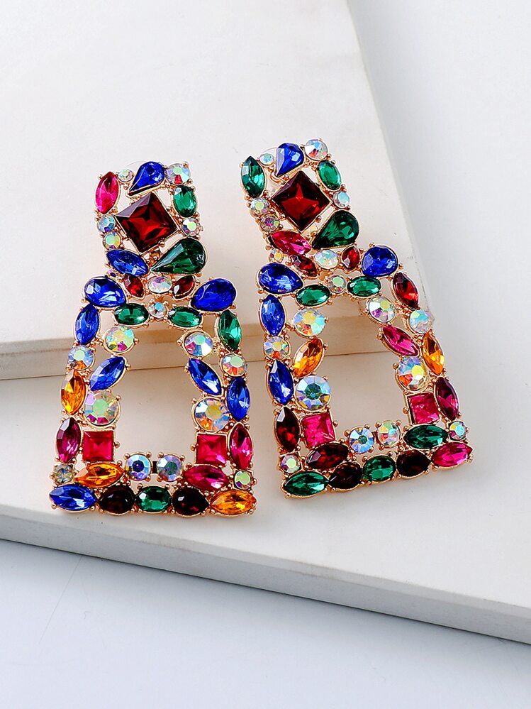 juran Rhinestone Geo Design Earrings - Multicolor - View 1