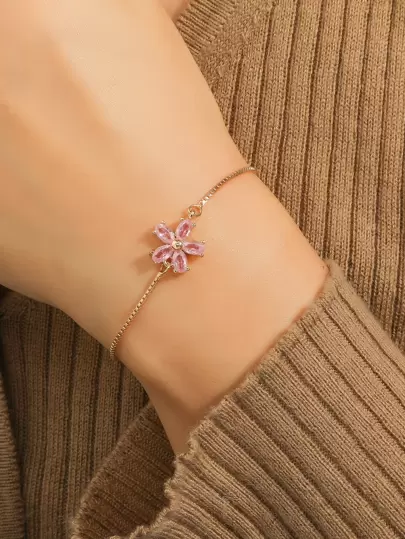 1 pieza Pulsera ajustable con diseño de flor de cobre incrustado adecuada para uso diario de mujer, citas, fiestas, San Valentín, mamá, madre, Día de la Madre, regalo