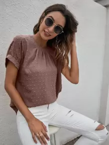 SHEIN LUNE Solid Swiss Dot Keyhole Back Batwing Sleeve Blouse - Redwood - View 1