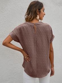 SHEIN LUNE Solid Swiss Dot Keyhole Back Batwing Sleeve Blouse - Redwood - View 2