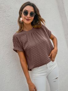 SHEIN LUNE Solid Swiss Dot Keyhole Back Batwing Sleeve Blouse - Redwood - View 3