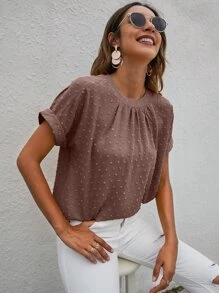 SHEIN LUNE Solid Swiss Dot Keyhole Back Batwing Sleeve Blouse - Redwood - View 4