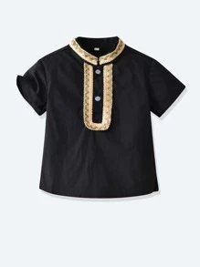 SHEIN Toddler Boys Contrast Embroidered Tape Shirt - Black - View 1