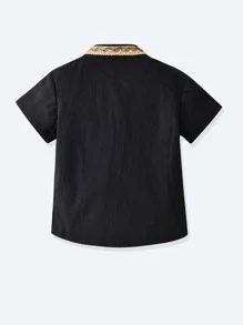 SHEIN Toddler Boys Contrast Embroidered Tape Shirt - Black - View 2