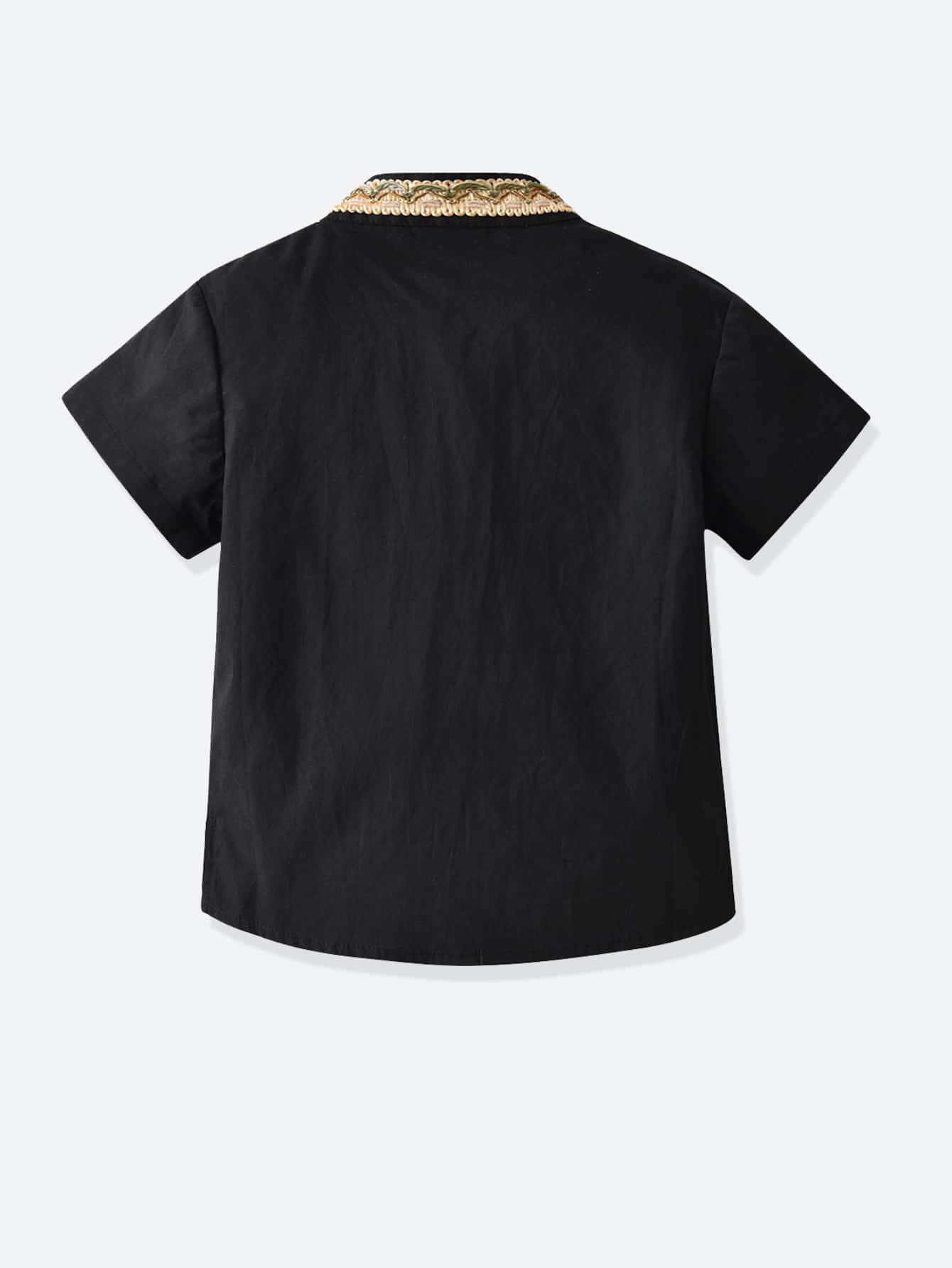 SHEIN Toddler Boys Contrast Embroidered Tape Shirt - Black - View 2