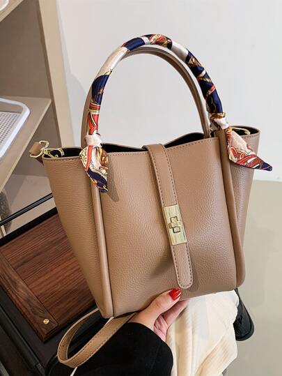 CONTAINEVERY 簡約荔枝紋手提包配圍巾，時尚多用途肩背包適用於成熟女性