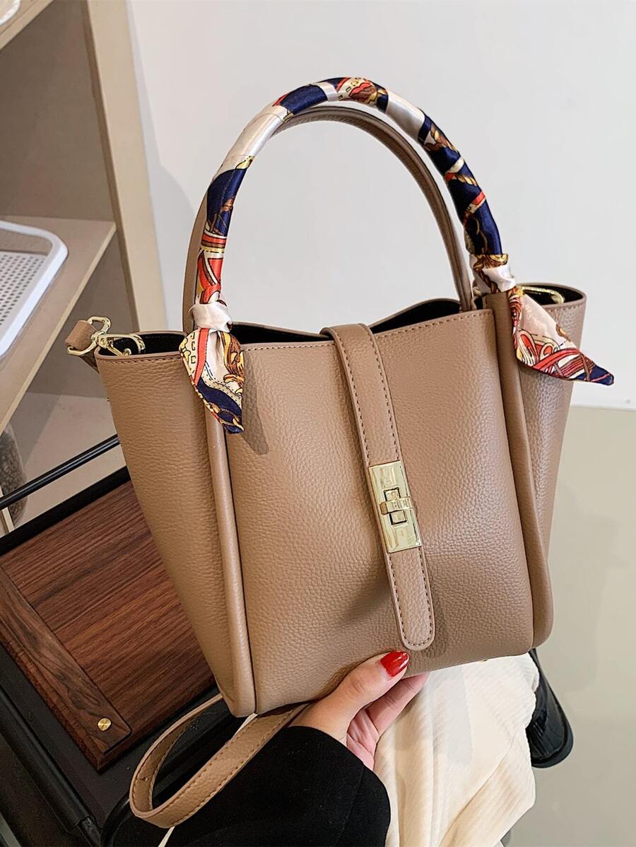 CONTAINEVERY 簡約荔枝紋手提包配圍巾，時尚多用途肩背包適用於成熟女性 - 卡其色 - 查看 1