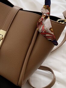 CONTAINEVERY 簡約荔枝紋手提包配圍巾，時尚多用途肩背包適用於成熟女性 - 卡其色 - 查看 4