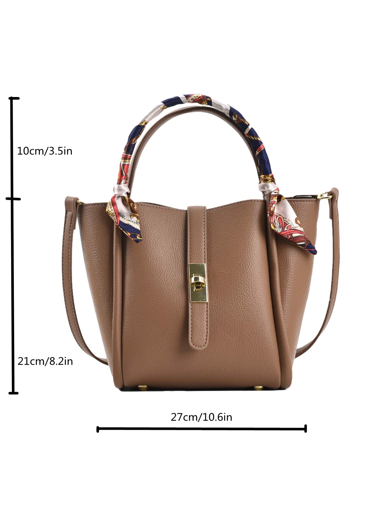 CONTAINEVERY 簡約荔枝紋手提包配圍巾，時尚多用途肩背包適用於成熟女性 - 卡其色 - 查看 5