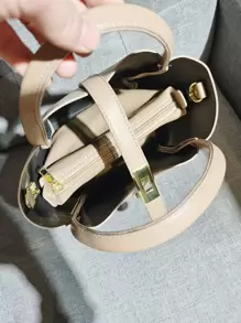 CONTAINEVERY 簡約荔枝紋手提包配圍巾，時尚多用途肩背包適用於成熟女性 - 卡其色 - 查看 6