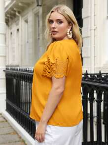 SHEIN Clasi Plus Laser Cut Puff Sleeve Blouse - Mustard Yellow - View 2